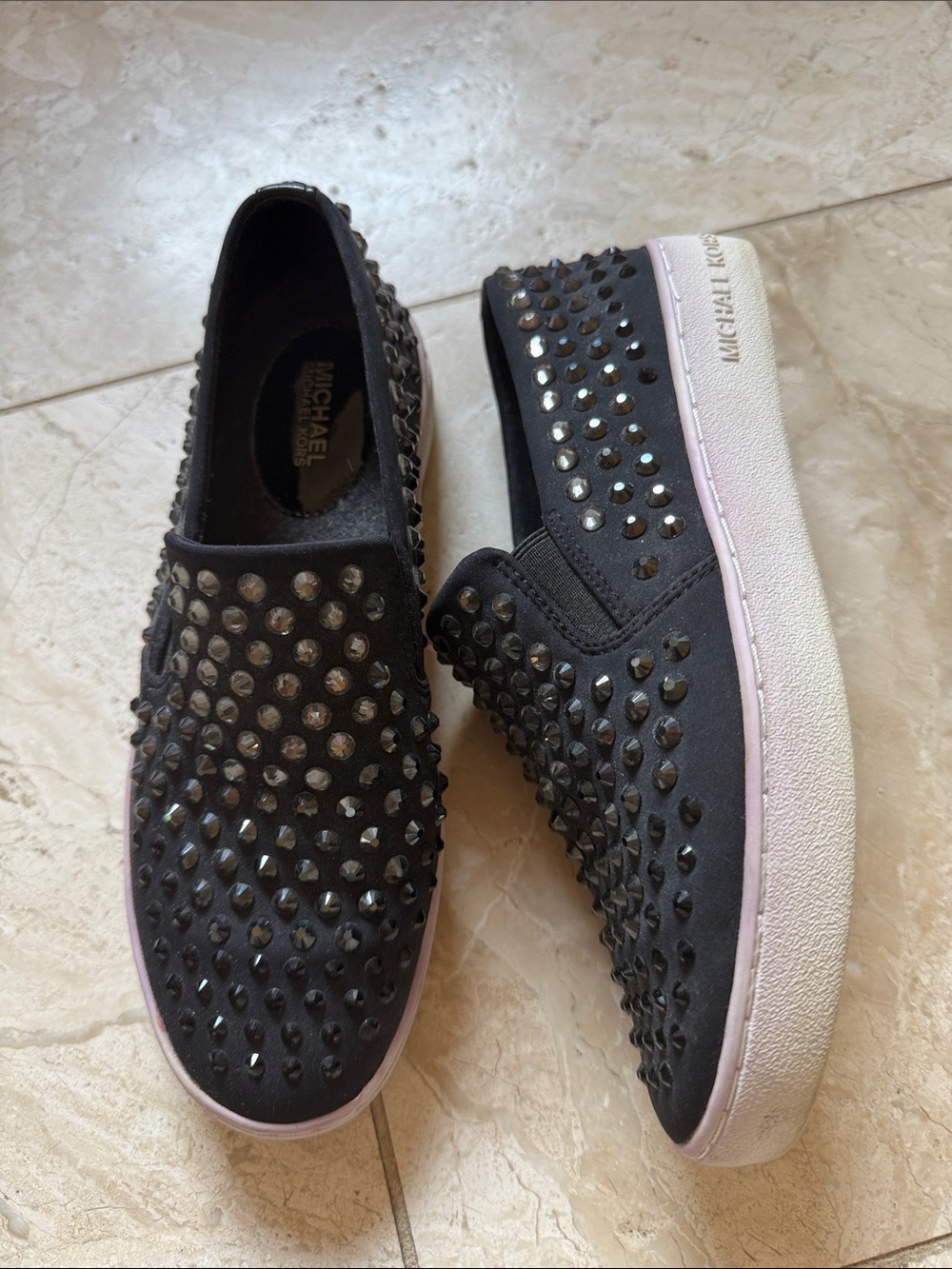 Michael Kors Black Studded Slip-On Sneakers with White Sole